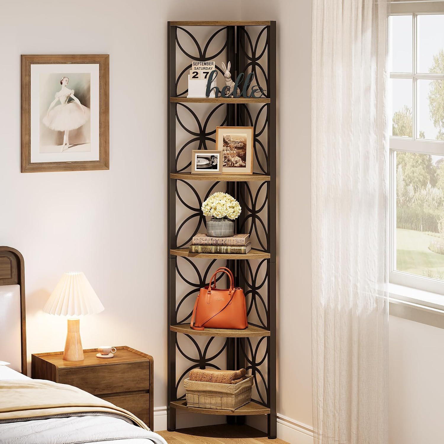Tribesigns 6-Tier Corner Shelf, 70.9' Rustic Corner Bookshelf Display Shelf for Living Room, Wooden Shelving Unit Plant Stand Storage Rack for Bedroom, Bathroom, Small Space, Rustic Brown