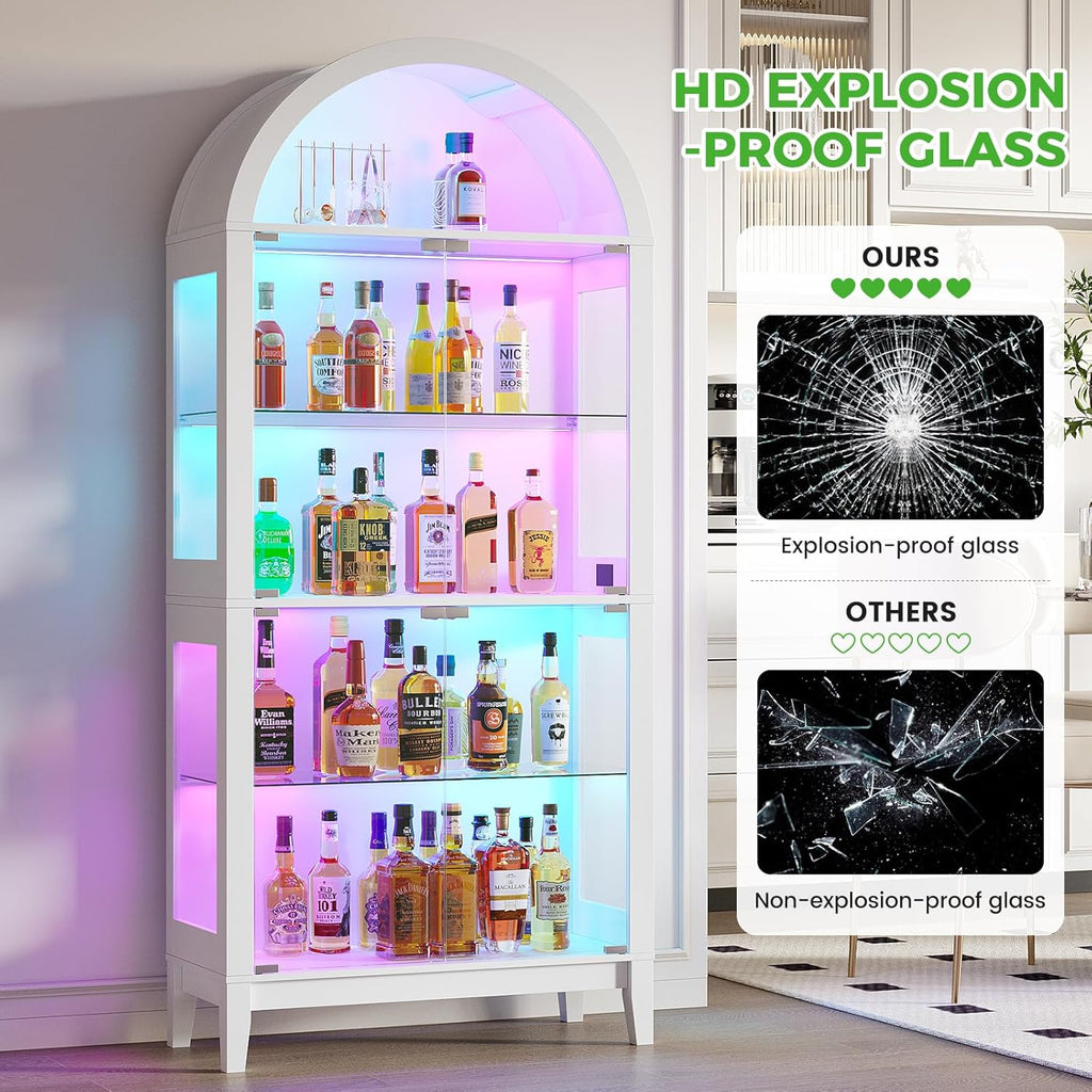 HNEBC Arched Book Shelf with Glass Doors, LED Bookcase with RGB Lights, 5 Tier Cabinet Has 9-Cube Storage, 69' Display Cabinet for Music-Synced Lighting Living Room,Bedroom(White)