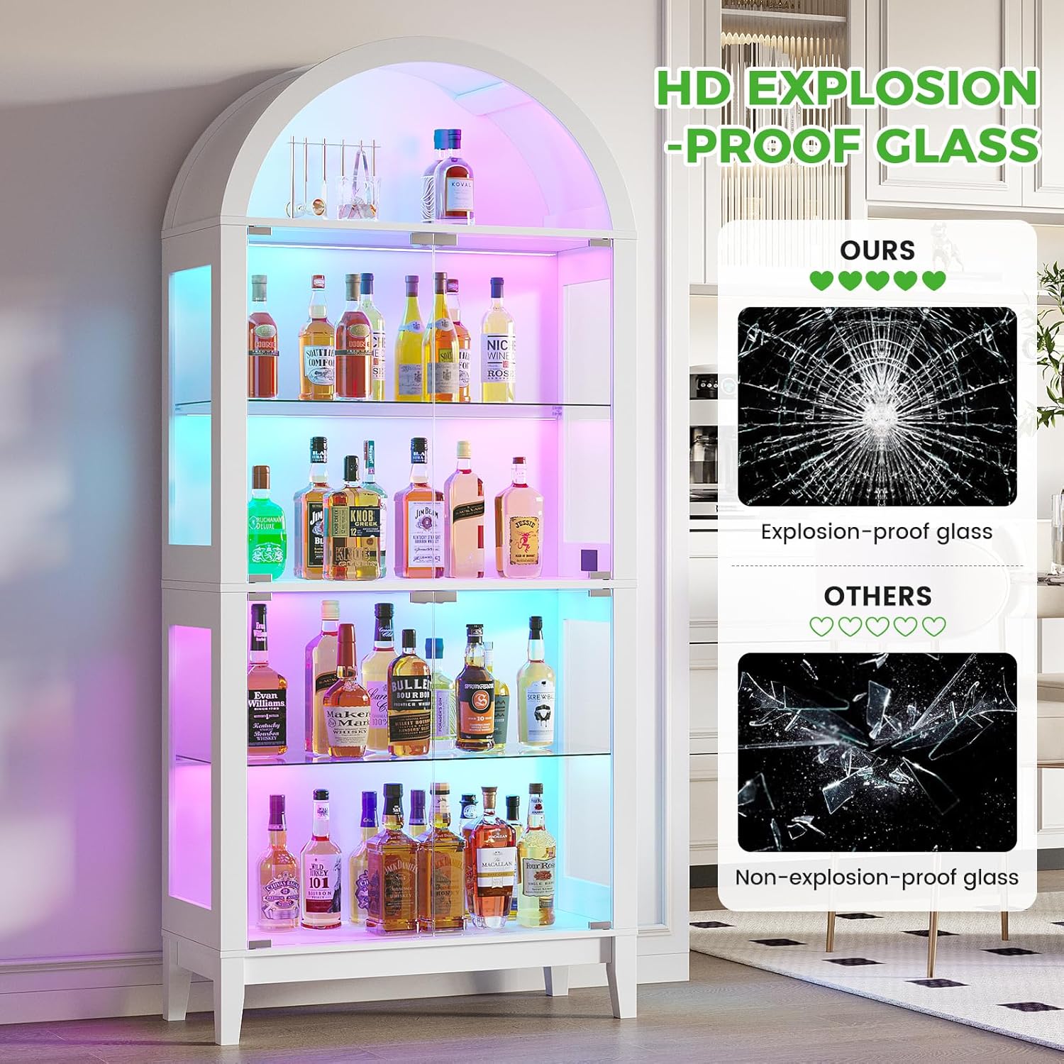 HNEBC Arched Book Shelf with Glass Doors, LED Bookcase with RGB Lights, 5 Tier Cabinet Has 9-Cube Storage, 69' Display Cabinet for Music-Synced Lighting Living Room,Bedroom(White)