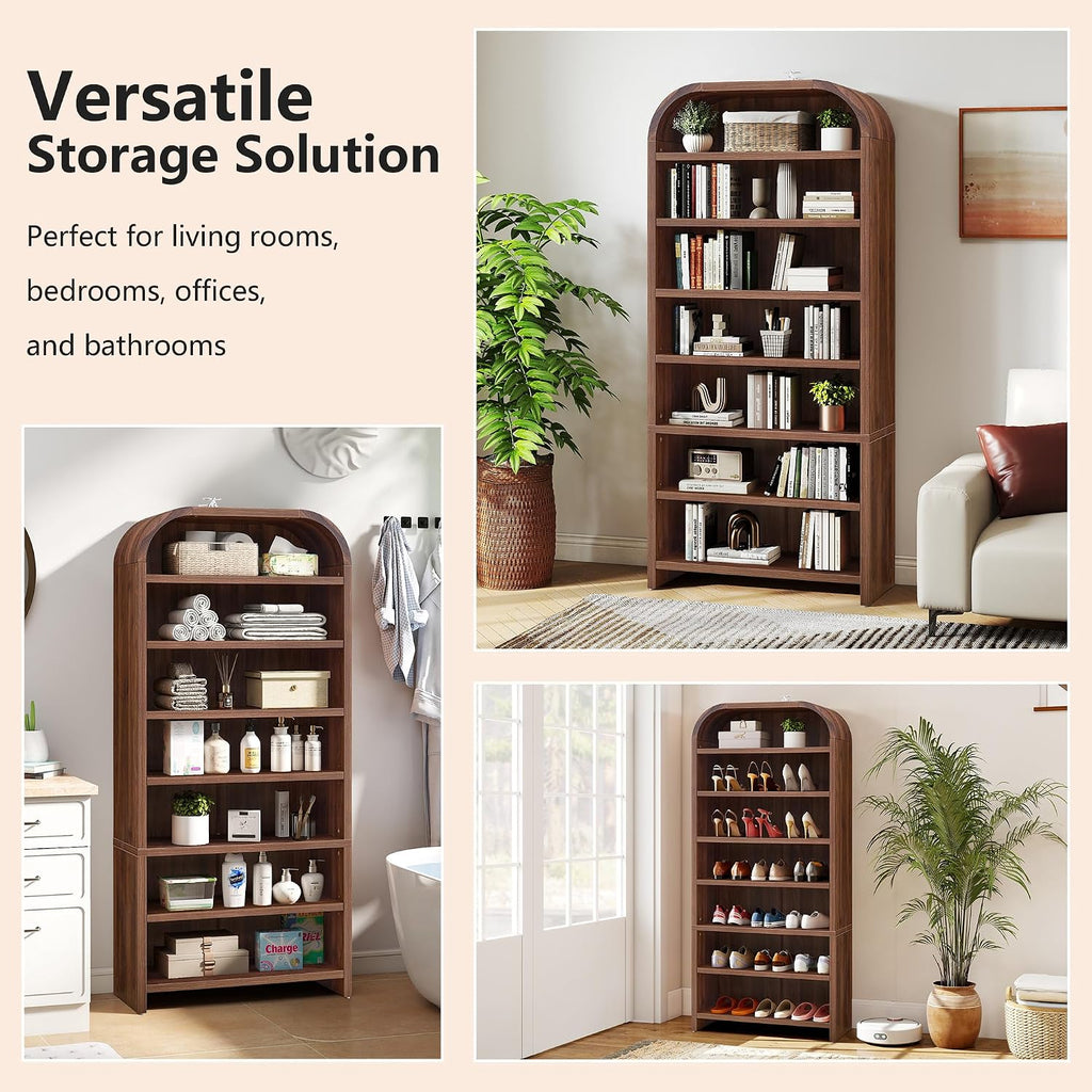 LEVNARY 70' Tall Arched Bookcase, 7-Tier Freestanding Storage Cabinet with Adjustable Shelves, Thick MDF Bookshelf for Bathroom Living Room Bedroom (Walnut)
