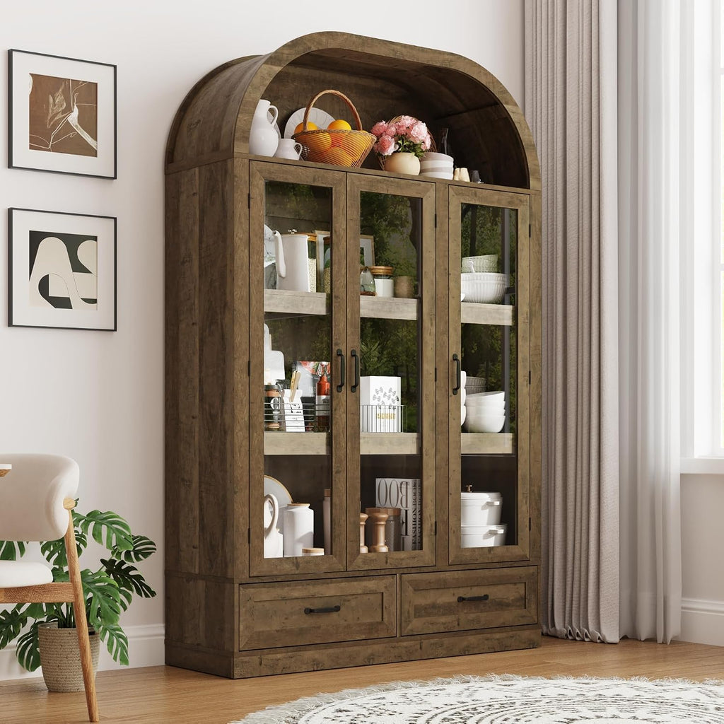chartustriable 73' Tall Arched Kitchen Pantry Cabinet w Load-Bearing Steel Pipe,Modern Farmhouse Kitchens Storage Cabinet with Drawer and Glass Doors,Tall Arched Bookcase,Pantry Organizer(Natural)