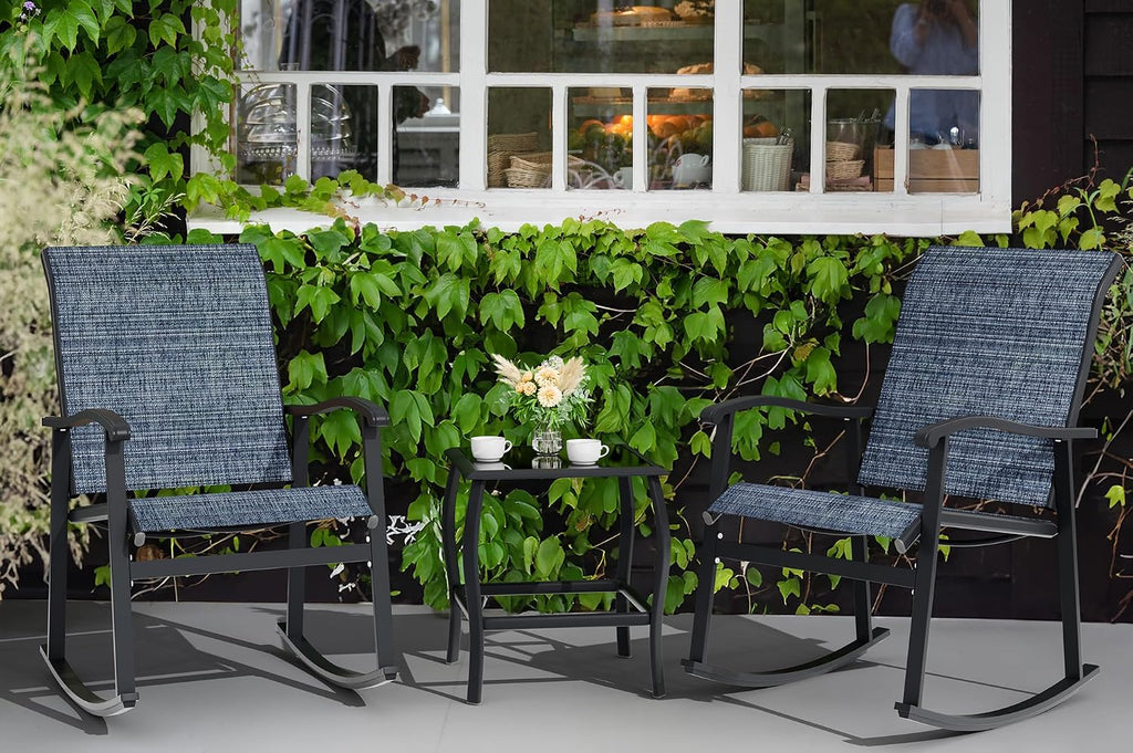 Vongrasig 3 Piece Outdoor Rocking Bistro Set, Textilene Fabric Small Patio Furniture Set, Front Porch Rocker Chairs Conversation Set with Glass Table for Lawn, Garden, Balcony, Poolside (Denim Blue)