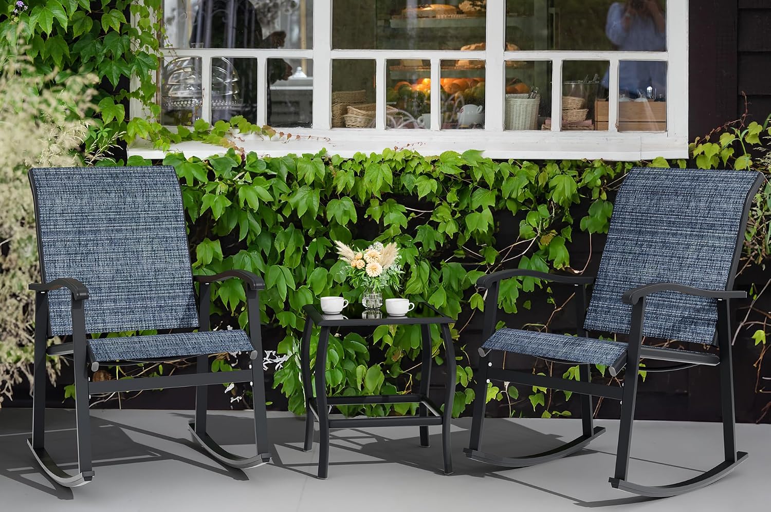 Vongrasig 3 Piece Outdoor Rocking Bistro Set, Textilene Fabric Small Patio Furniture Set, Front Porch Rocker Chairs Conversation Set with Glass Table for Lawn, Garden, Balcony, Poolside (Denim Blue)