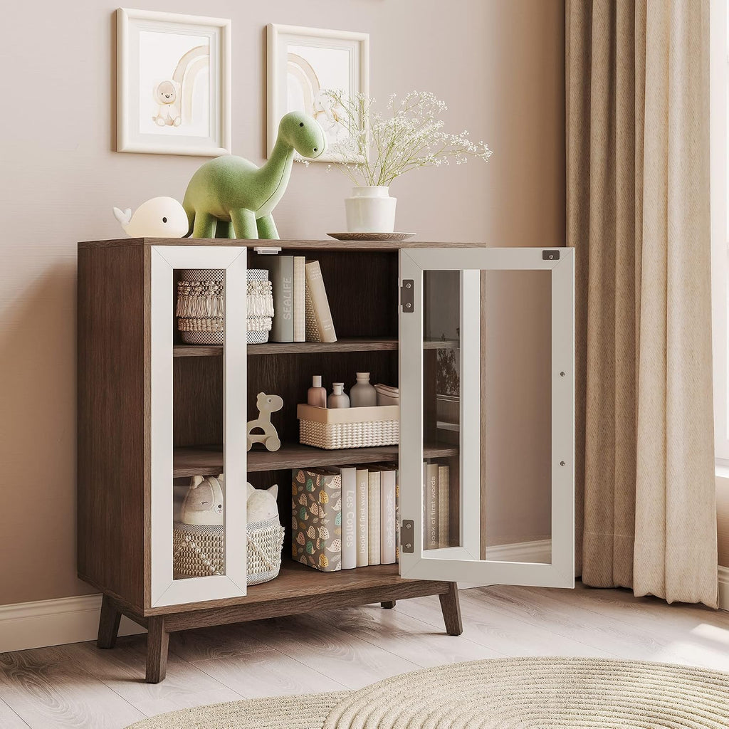BELLEZE 31' Modern Display Curio Cabinet, 3-Tier White Storage Buffet with Tempered Glass Doors & Adjustable Shelves for Dining Room, Kitchen, Living Room & Office - White
