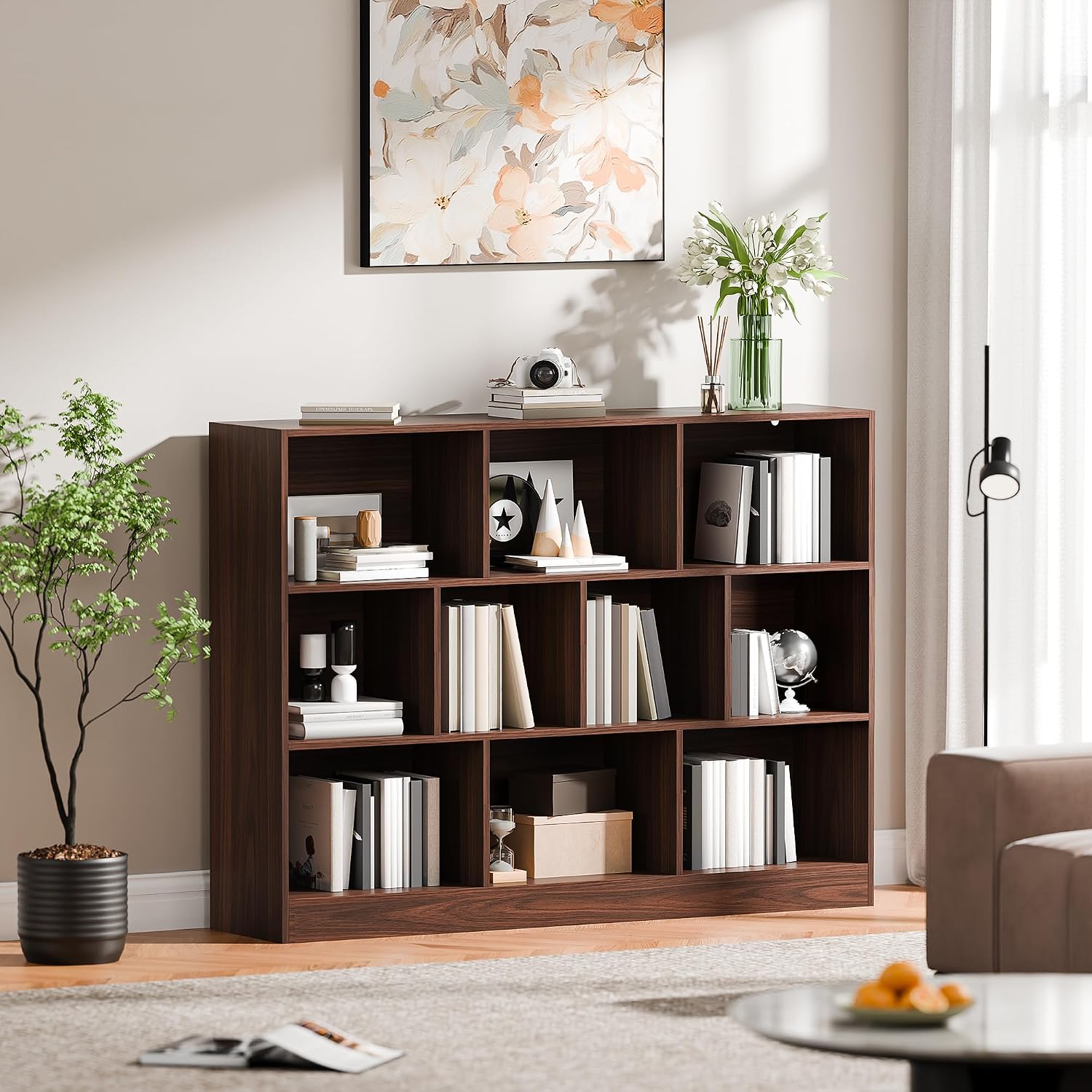 Cozy Castle Brown Bookshelf, 3-Tier Open Shelf Bookcase, 10 Cube Storage Organizer with Anti-Tilt Device, Freestanding Book Storage Shelves for Bedroom, Living Room
