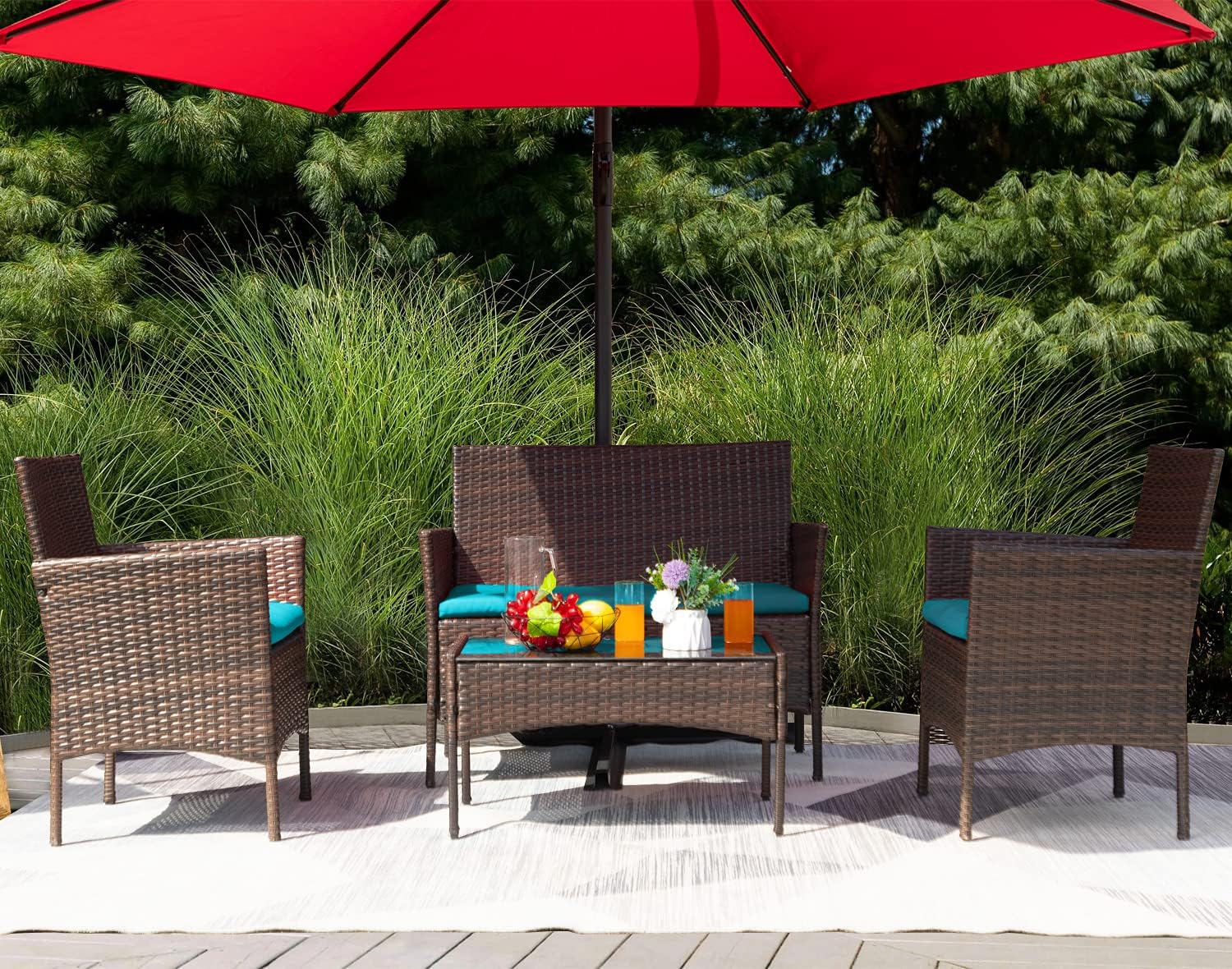 Greesum Patio Furniture 4 Pieces Conversation Sets Outdoor Wicker Rattan Chairs Garden Backyard Balcony Porch Poolside loveseat with Soft Cushion and Glass Table, Brown and Blue