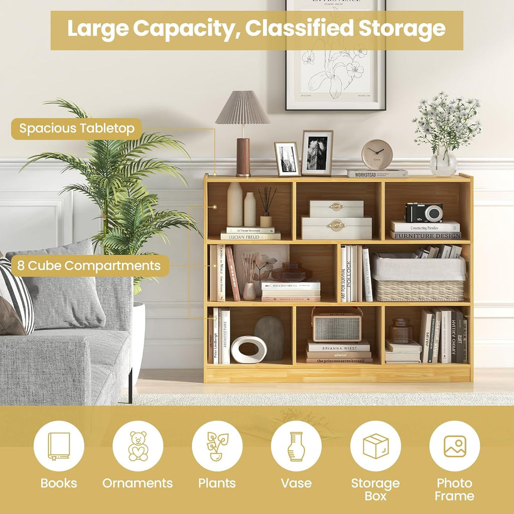 Tangkula 8-Cube Bookcase, Wood 3 Tier Open Storage Bookshelf, Modern Multipurpose Display Cabinet for Living Room, Study, Reading Nook, 48 x 12.5 x 36.5 Inch, Burlywood