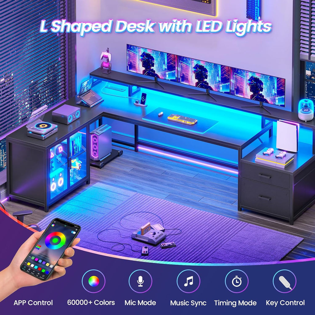 SEDETA L Shaped Gaming Desk, 78.7' Large Computer Desk with Drawers and Power Outlet & LED Light, Corner Gaming Desk with Storage Shelves, Display Cabinet for Home Office, Black