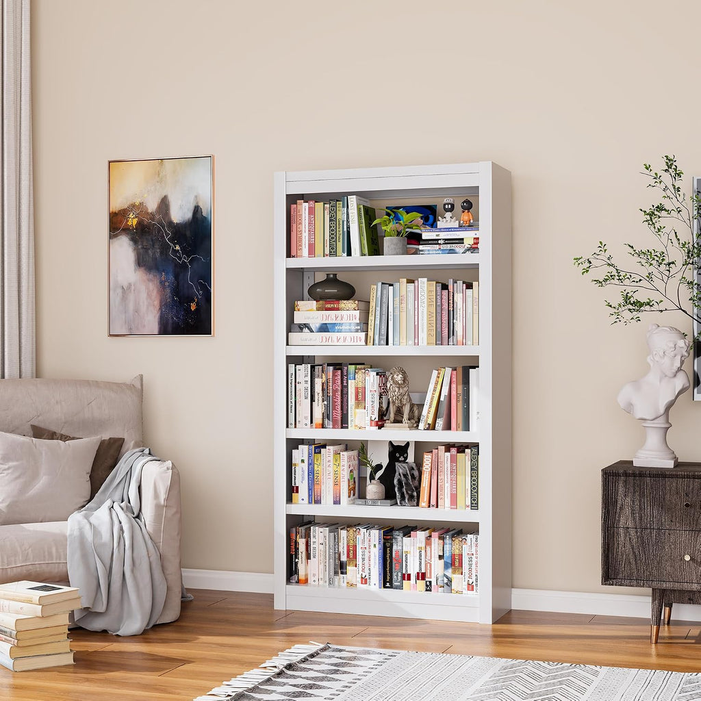5 Tier White Bookshelf, 61' H Adjustable Bookshelf with Large Capacity, Suitable for Modern Storage Shelves in Living Rooms, Homes Offices, Garage, Sturdy Metal Bookshelf for Organizing