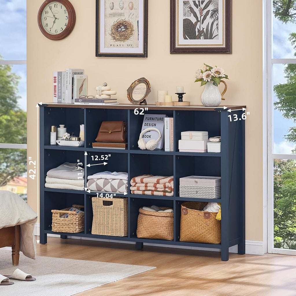Joaxswe 12 Cube Storage Organizer, Farmhouse 62 Inch Wide Navy Blue Display Bookshelf, Wooden 3 Tier Large Open Book Shelf, Vintage Bookcase for Home Office, Cubby Cabinet for Living Room, Bedroom