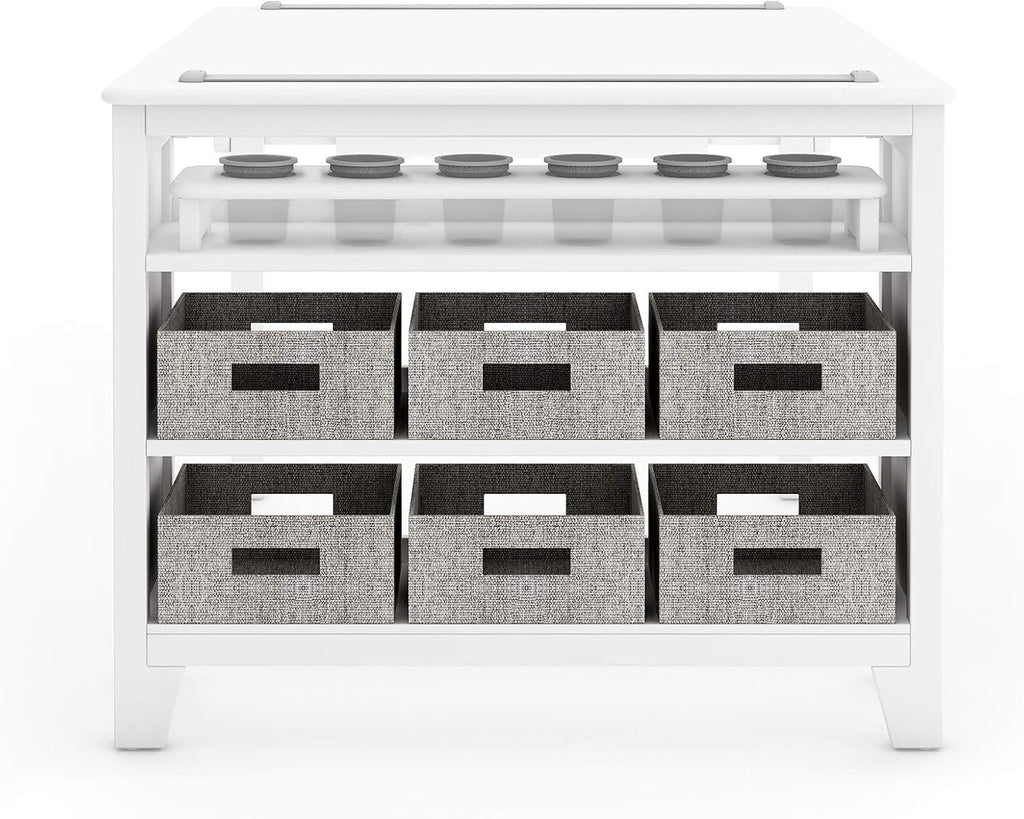 Martha Stewart Kids' Art Table and Chair Set - Linen White: Wooden Play Table for Arts and Crafts| Coloring Desk with Paint Cups, Paper Roll and Craft Supplies Storage Bins