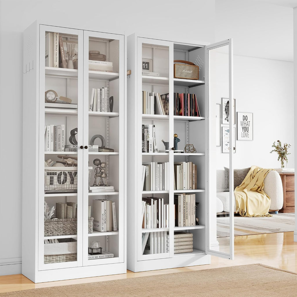 Full Glass Door Steel Pantry Cabinet 71' Tall Metal Kitchen Storage Organizer with Adjustable Shelves, Double Glass Doors Storage Cabinet for Kitchen, Dining Room, Garage, Assembly Required