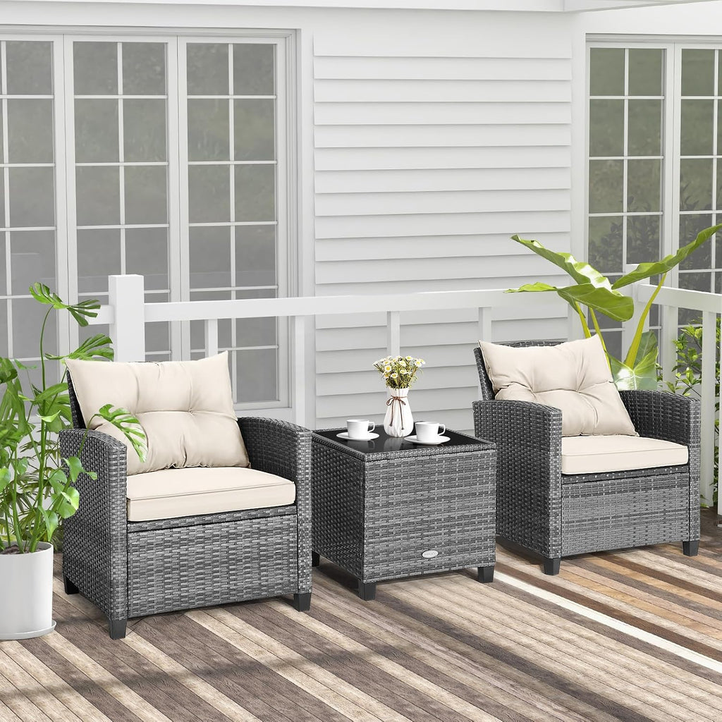 Tangkula 3 Pieces Patio Furniture Set, PE Rattan Wicker 3 Pcs Outdoor Sofa Set w/Washable Cushion and Tempered Glass Tabletop, Conversation Furniture for Garden Poolside Balcony (Mix Grey-White)