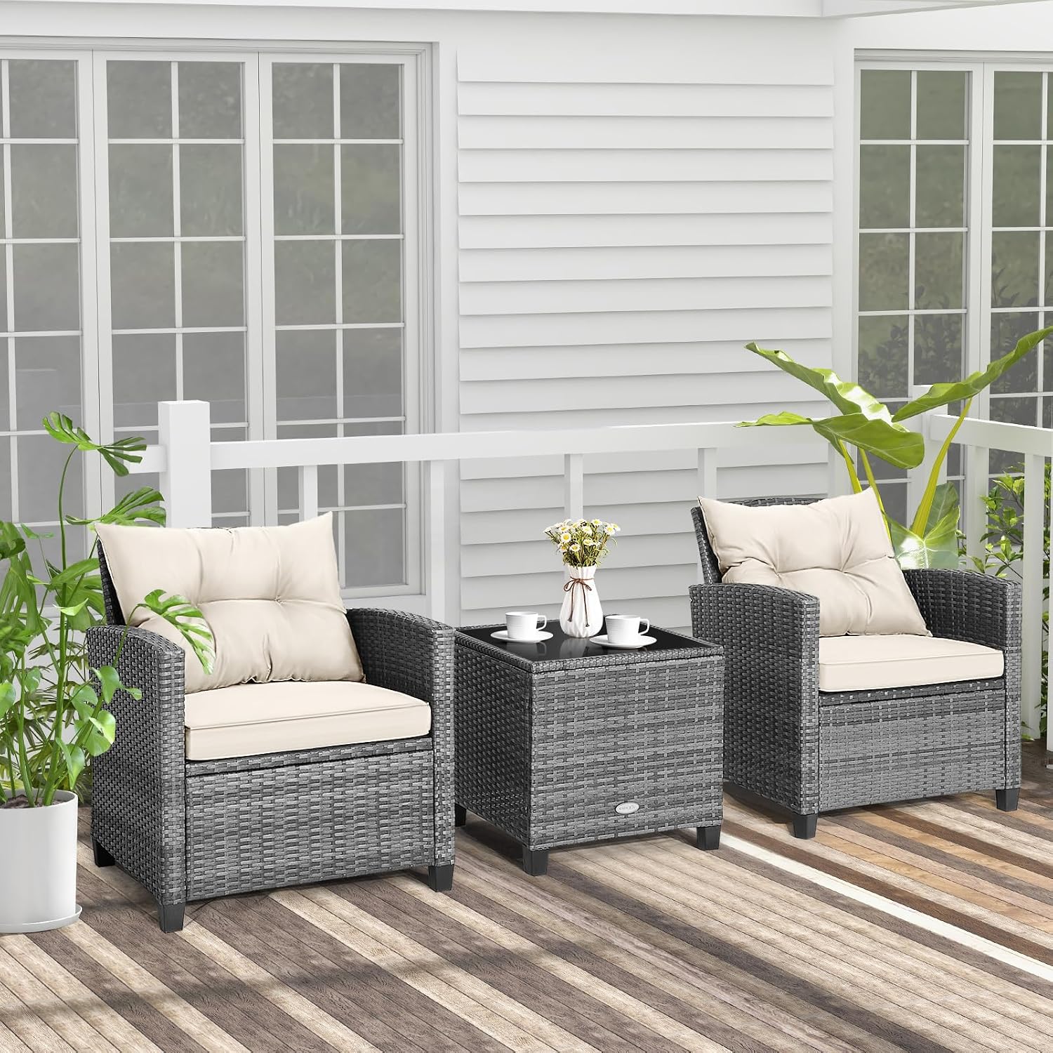 Tangkula 3 Pieces Patio Furniture Set, PE Rattan Wicker 3 Pcs Outdoor Sofa Set w/Washable Cushion and Tempered Glass Tabletop, Conversation Furniture for Garden Poolside Balcony (Mix Grey-White)