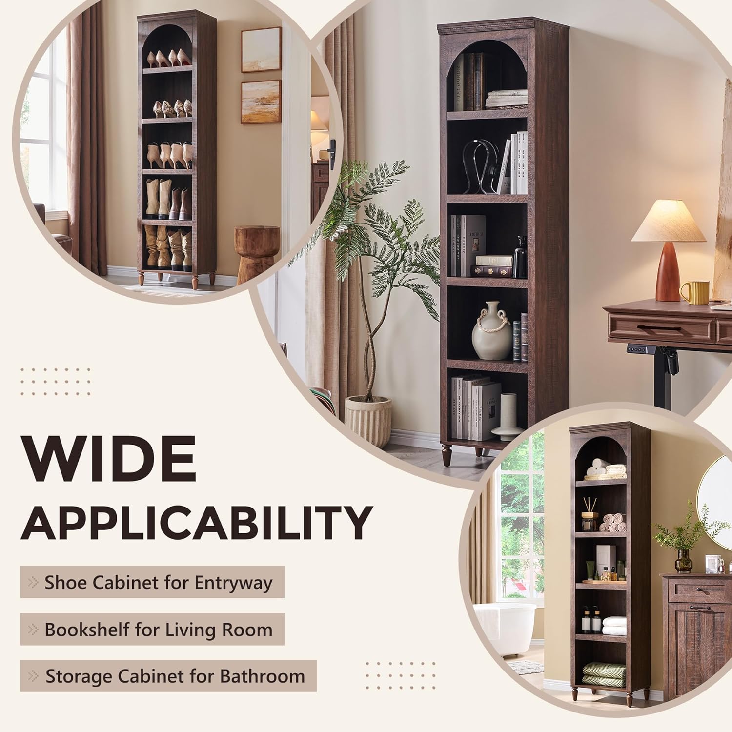 IFGET 76' Tall Arched Bookcase, Farmhouse 5 Tiers Narrow Arched Bookshelf Cabinet with Adjustable Shelves, Modern Wooden Book Shelf w/Storage and Open Display Shelves for Living Room, Office-Brown