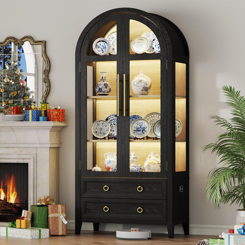 Vlsrka 71' Arched Curio Cabinet with Glass Doors, 4-Shelves Display Cabinet and 2 Drawers, Display Case with 3 Color Lights, Tall Bookcase, Kitchen Pantry, Black+Wood