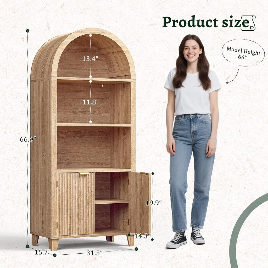 DurayLoly Book Shelf Arched Cabinet, 5-Tier Arched Bookcase with Doors and Adjustable Wood Shelves, Wooden Storage Cabinet with Open Display Shelf for Office,Living Room, Kitchen, Light Oak