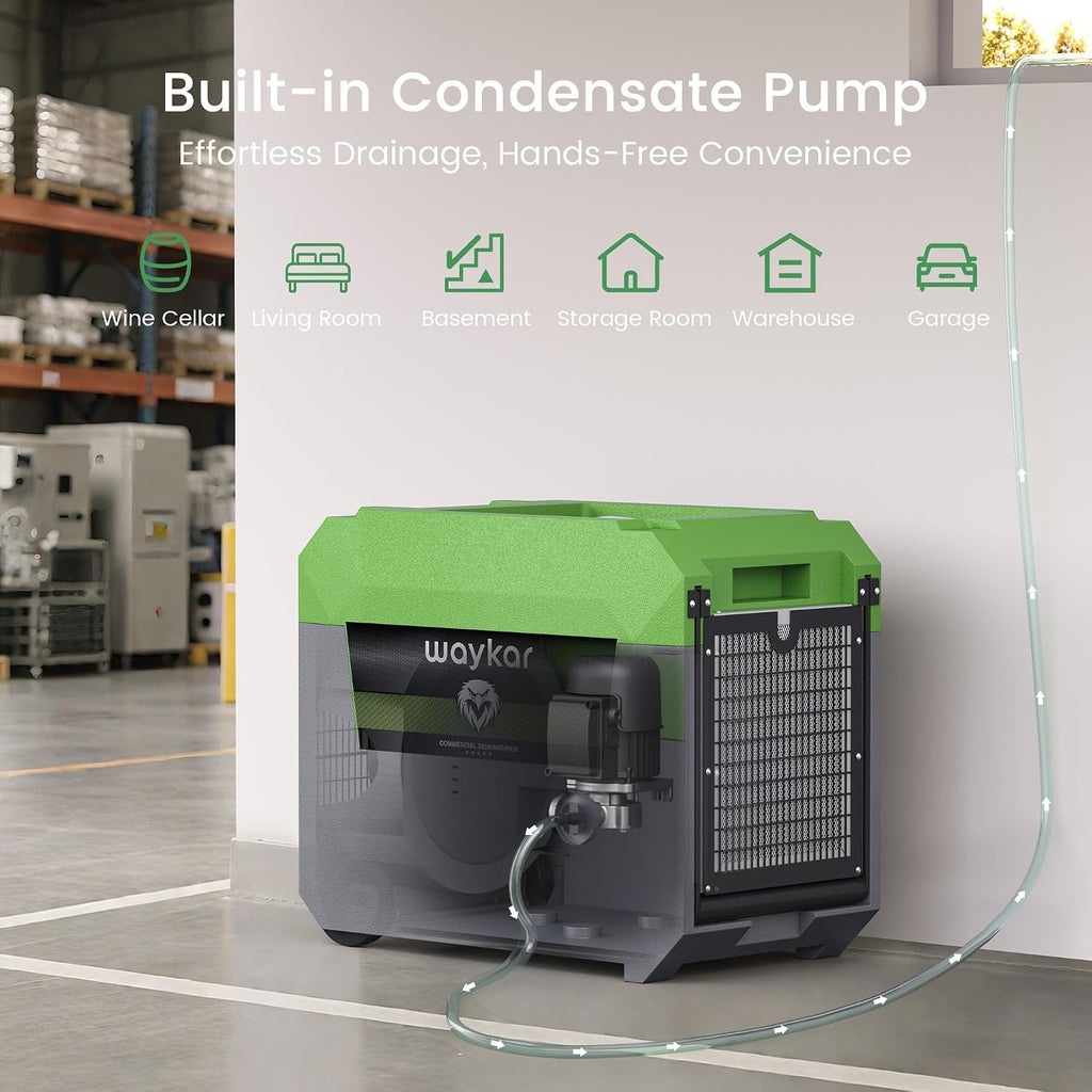 Waykar 150 Pints Commercial Dehumidifier with Pump for Large Areas up to 7,500 Sq. Ft, Stackable Industrial Dehumidifier for Crawl Spaces, Basements, and Water Damage Restoration — 5 Year Coverage