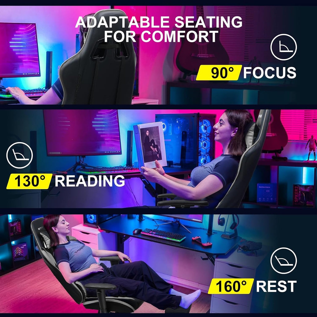 GTPLAYER Gaming Chair with Footrest, Ergonomic Computer Game Desk Chair, Reclining Gamer Chair Seat Height Adjustment, Swivel Rocker with Headrest and Lumbar (Gray)