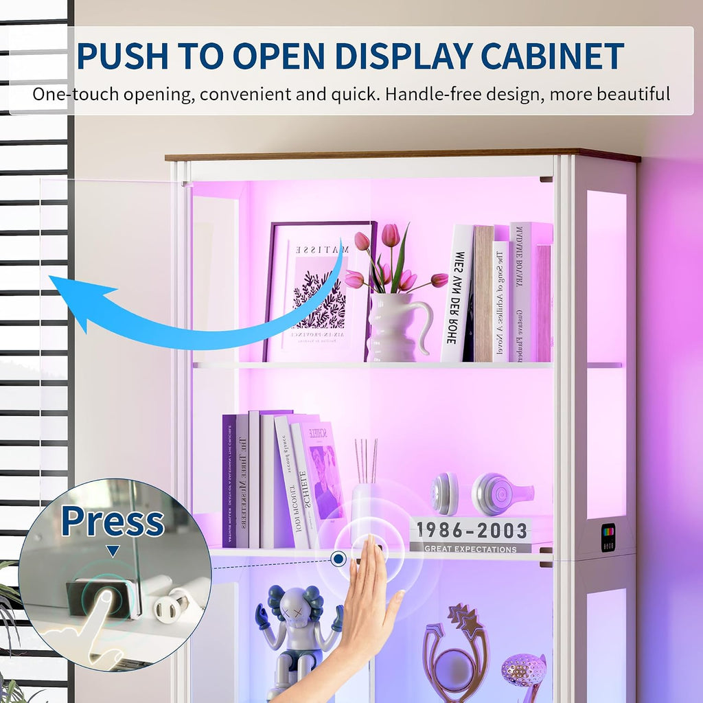 HNEBC Glass Display Cabinet with RGB Lights, 71'' Curio Cabinet with Glass Doors, 5-Tier Display Cases and Human Sensor, Bookcases for Collectibles, Books,Toys, White