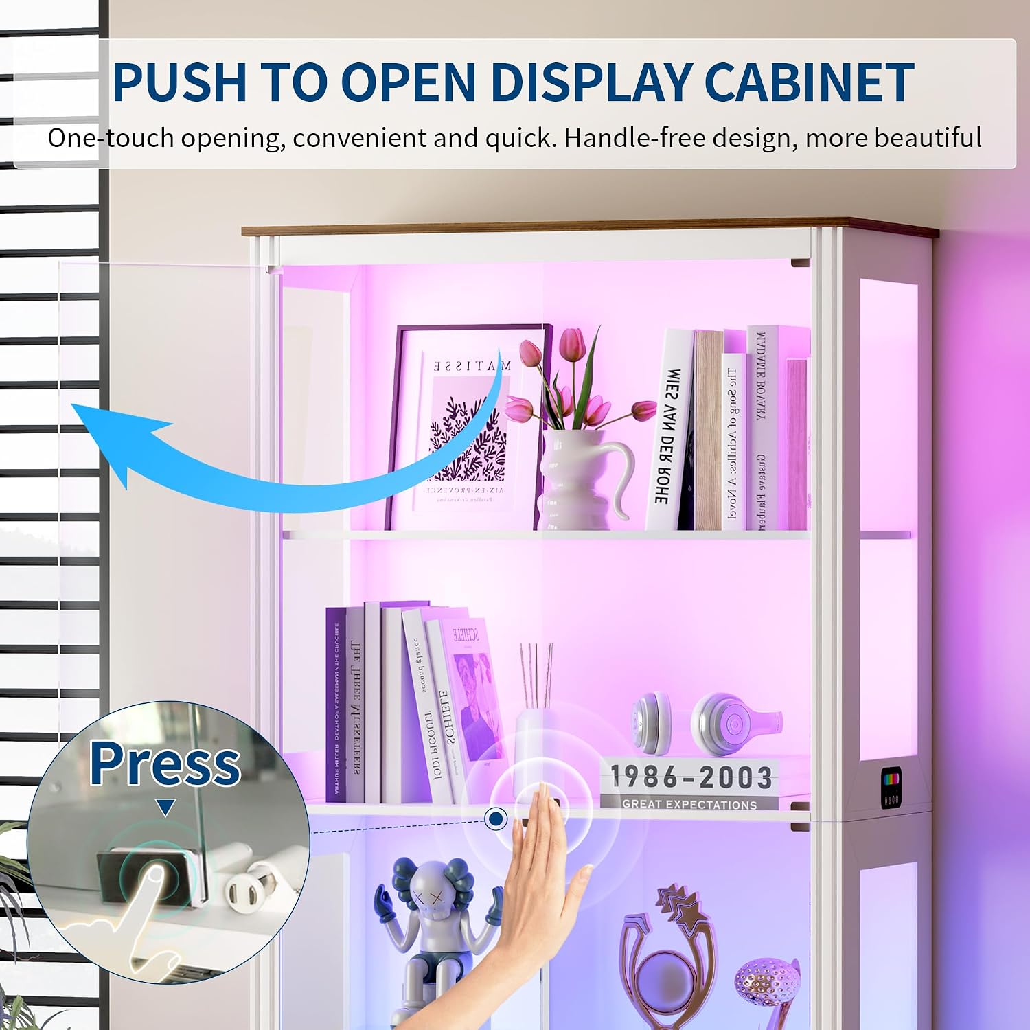 HNEBC Glass Display Cabinet with RGB Lights, 71'' Curio Cabinet with Glass Doors, 5-Tier Display Cases and Human Sensor, Bookcases for Collectibles, Books,Toys, White