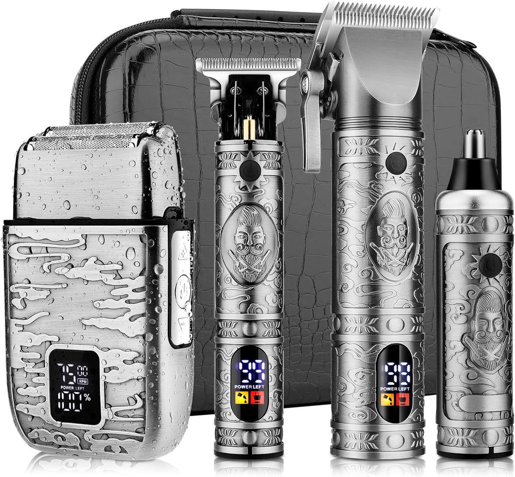Dumite Professional Hair Clippers for Men,Hair Clippers+T-Blade Trimmer+Electric Shaver+Nose Hair Trimmer Set,4 in 1 Cordless Barber Hair Cutting Kit LCD Display Gifts (Gray)