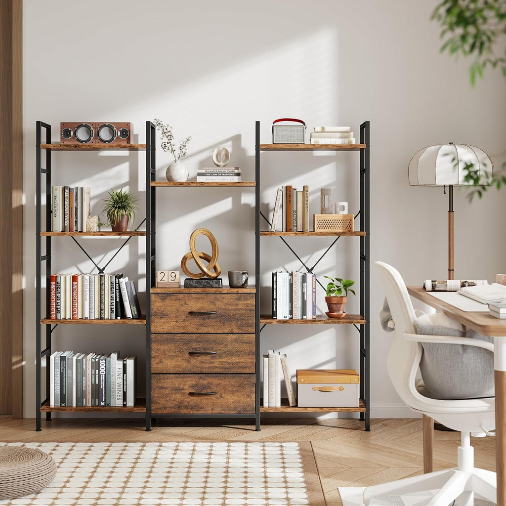 AFLUI Triple Bookshelf with 3 Fabric Drawers, 4-Tier Book Shelf and 10 Display Shelves, Industrial Large Bookcase for Home & Office, Rustic Brown, 59'' Wide