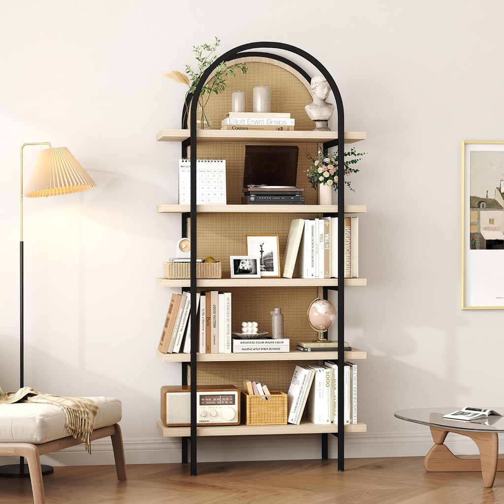 Yusong Bookshelf Rattan 5 Tier Arched Bookcase, 74' Tall Industrial Open Book Shelves for Living Room, Modern Freestanding Display Shelving Boho Storage Rack with Metal Frame for Office, Brown