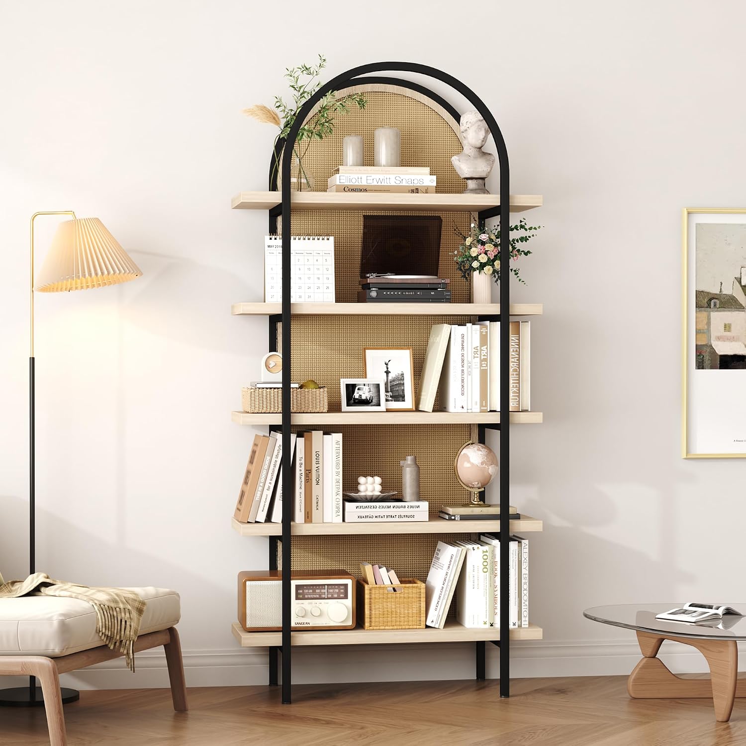 Yusong Bookshelf Rattan 5 Tier Arched Bookcase, 74' Tall Industrial Open Book Shelves for Living Room, Modern Freestanding Display Shelving Boho Storage Rack with Metal Frame for Office, Brown