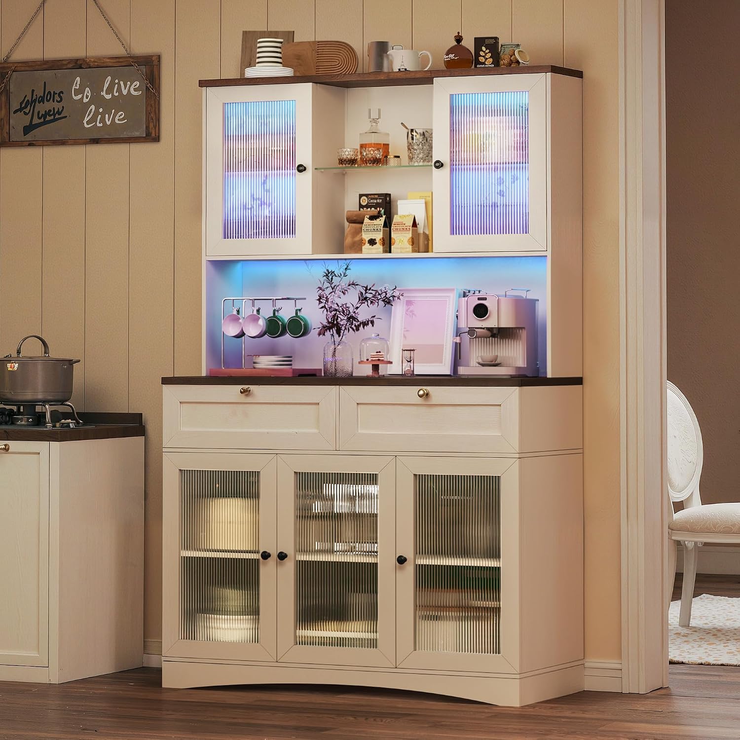 HUAHUU 71' Pantry Cabinet with Charging Station and LED Light, Modern Kitchen Pantry Cabinet with Microwave Stand, Tall Kitchen Hutch Food Pantry with Drawers & Shelves for Dining Room, White