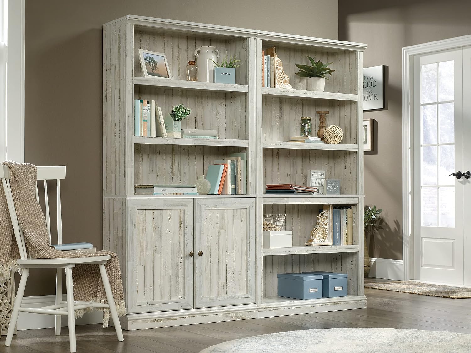 Sauder Select Book Shelf, Bookshelf with Storage, Library Bookcase with Doors and Adjustable Shelves, in White Plank