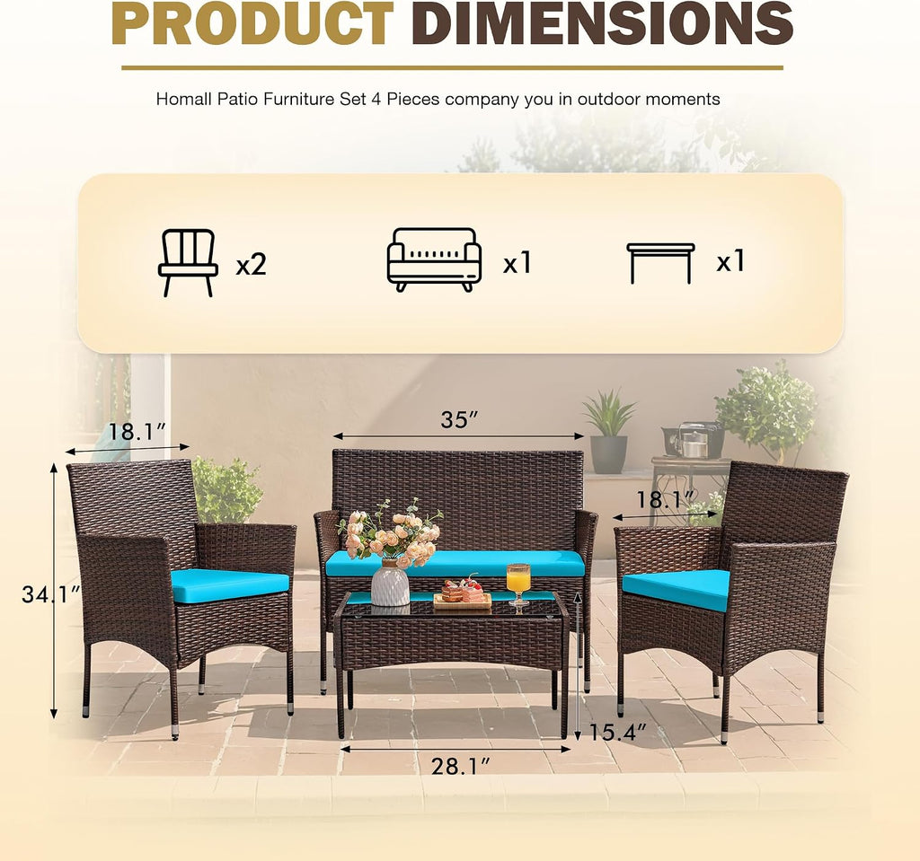 Homall 4 Pieces Patio Rattan Chair Wicker, Outdoor Indoor Use Backyard Porch Garden Poolside Balcony Furniture Sets (Blue)