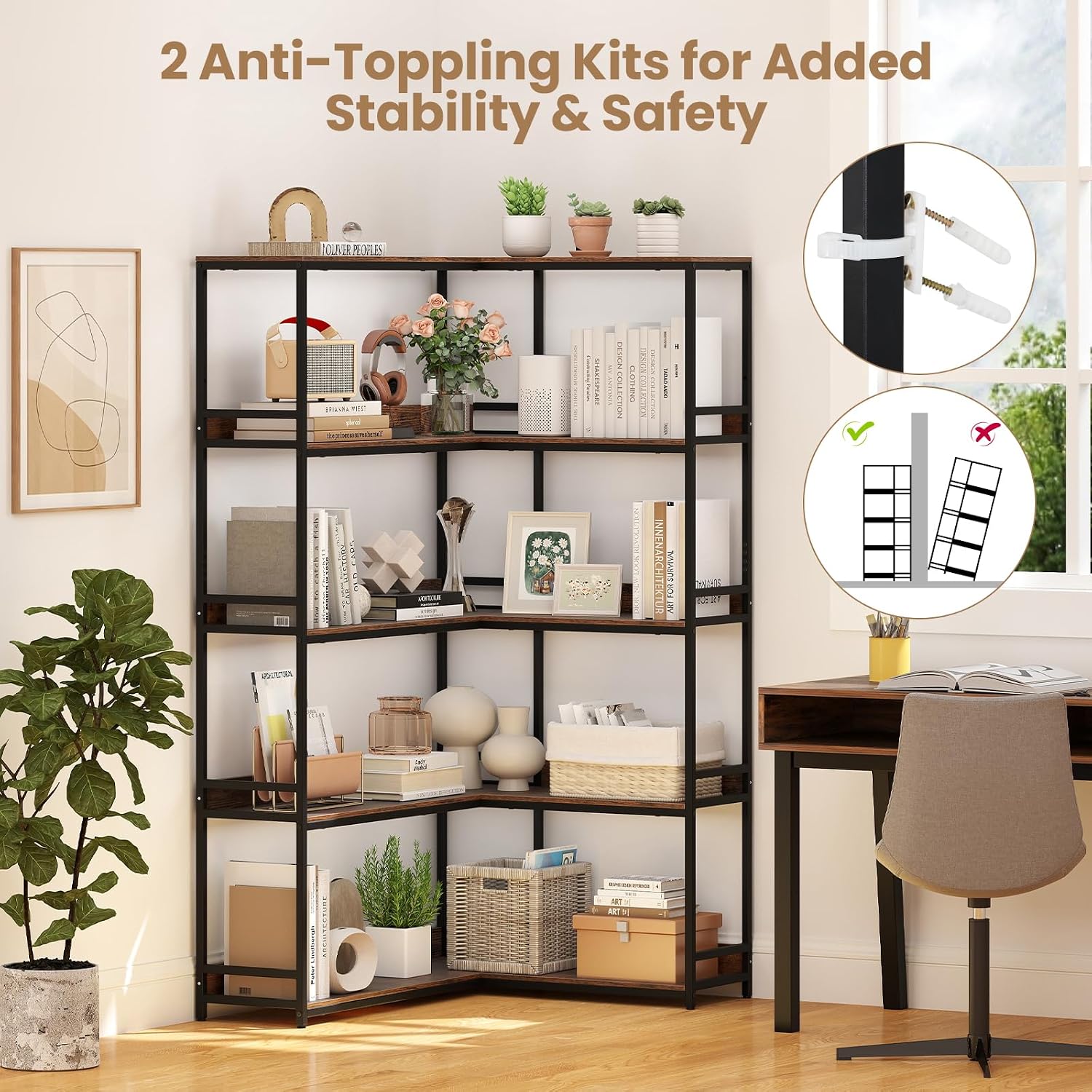 Giantex 5-Tier Corner Bookshelf, 71' L-Shaped Bookcase, Tall Etagere Bookshelf with Metal Frame, Industrial Open Display Shelf, Vertical Storage Rack for Living Room, Study, Office (Rustic Brown)