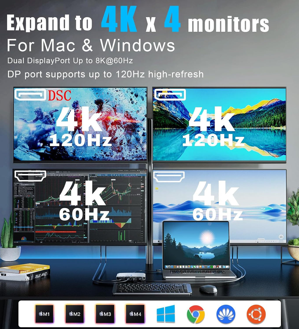WAVLINK USB C to 4K HDMI & DP Adapter, Extended Quad Displays for Mac/Windows, Dual 8K or Quad 4K Monitors Splitter, DP Port Supports 120Hz high-Refresh, with PD 85W for Laptop (DL-7400)