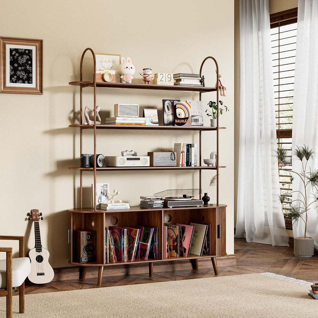 Tall Large Vinyl Record Player Stand, Fluted Long Record Storage Cabinet with Sliding Doors, Mid Century Modern Bookshelf, 4 Tier Media Display Shelf, Arched Turntable Stand for Living Room, Walnut