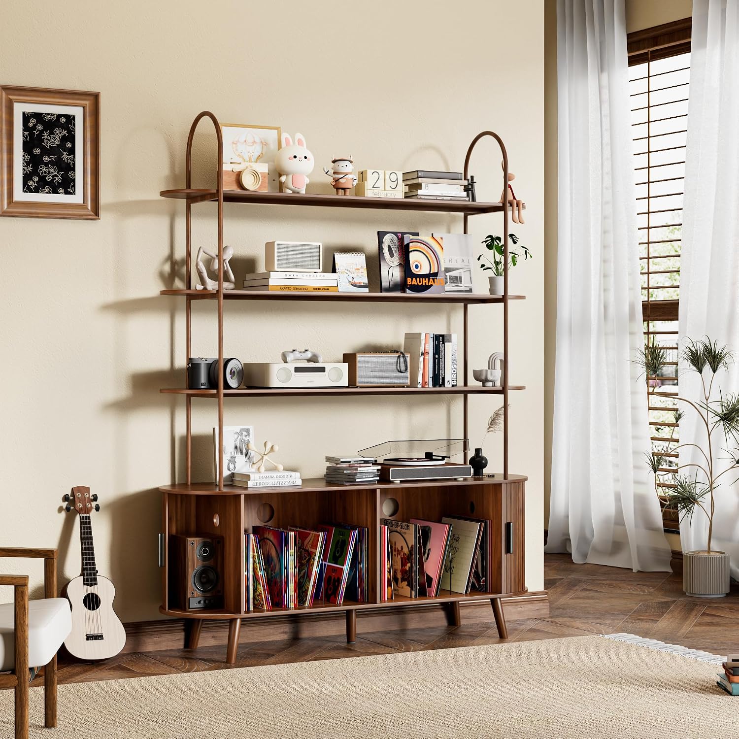 Tall Large Vinyl Record Player Stand, Fluted Long Record Storage Cabinet with Sliding Doors, Mid Century Modern Bookshelf, 4 Tier Media Display Shelf, Arched Turntable Stand for Living Room, Walnut