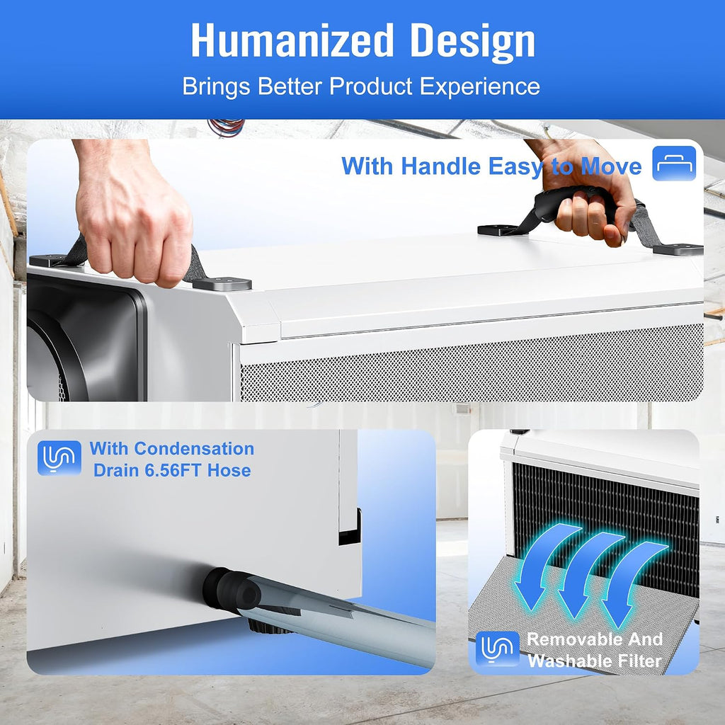 145 Pints Commercial Dehumidifier for Large Basements & Crawl Spaces up to 6500Sq.Ft, Industrial Dehumidifiers for Water Damage Restoration, Auto Defrost, Continuous Drain Hose, White-2PC