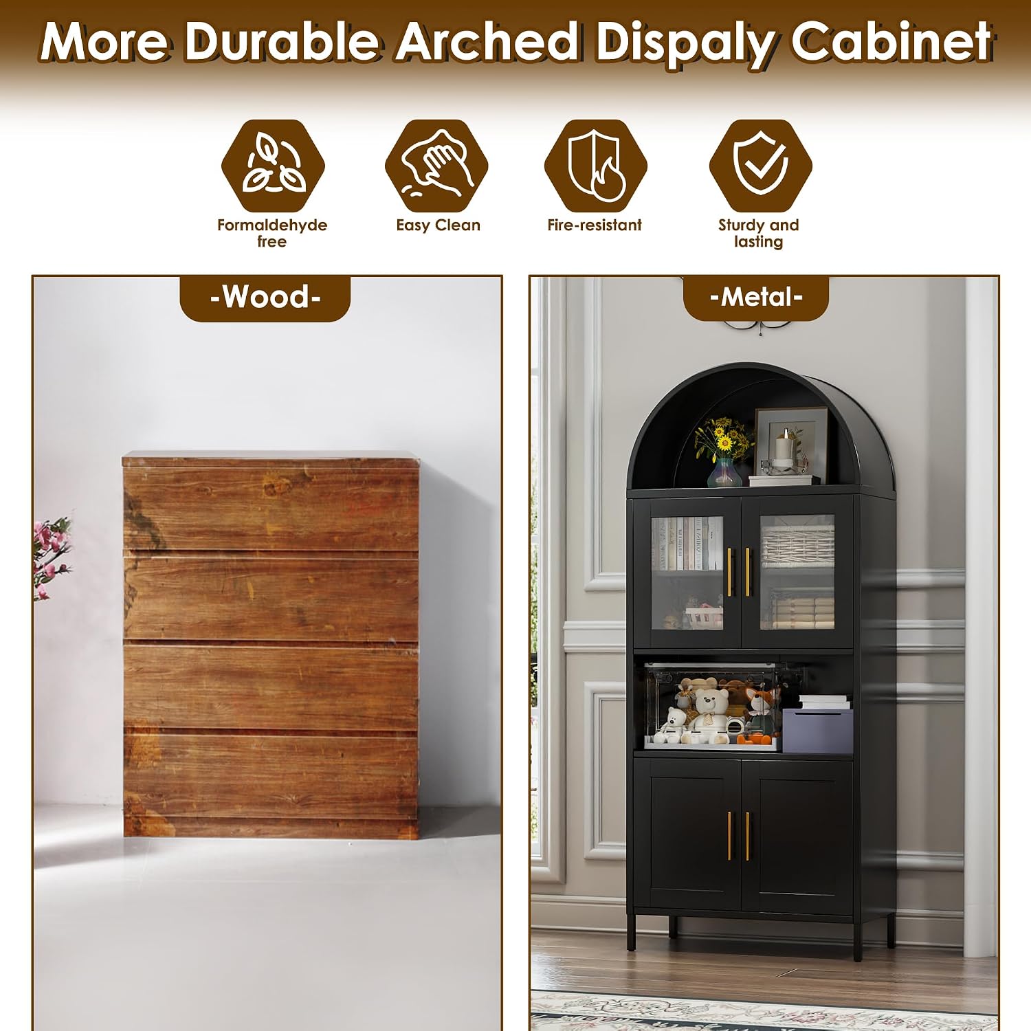 VEXPOR 73' Tall Arched Kitchen Pantry Cabinet with Doors, Metal Arched Hutch Cabinet for Kitchen, Dining Room, Living Room, Assembly Required, Black