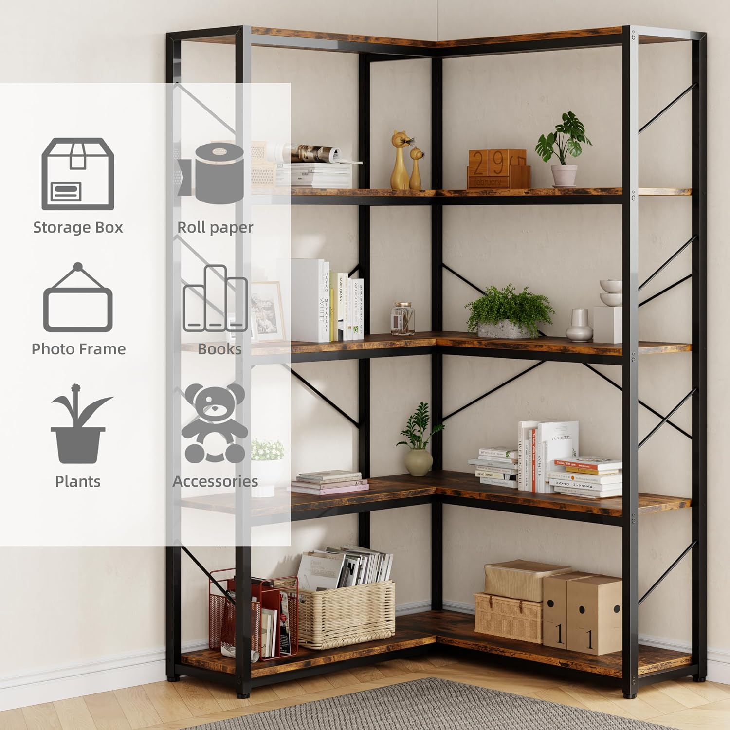 Shintenchi 5 Tier Corner Bookshelf,L Shaped Bookcase,Large Etagere Bookcase,Corner Shelf Display Storage Rack with Metal Frame for Living Room Bedroom Office,Rustic Brown
