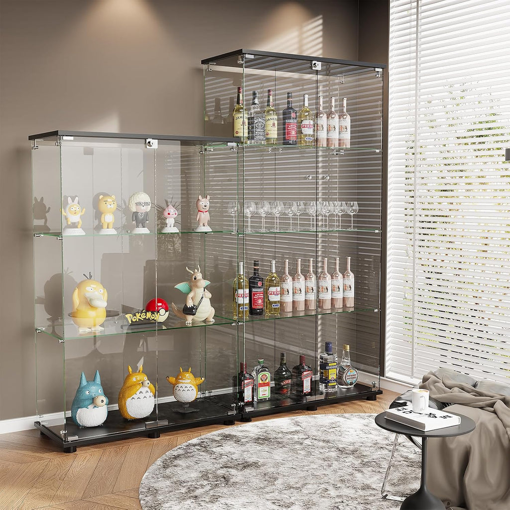 ROOMTEC Glass Display Cabinet with 4 Shelves, Double Doors, Floor Standing Display Cage, for Living Room Bedroom Office, 64 x 31.7 x 14.3 in, Black
