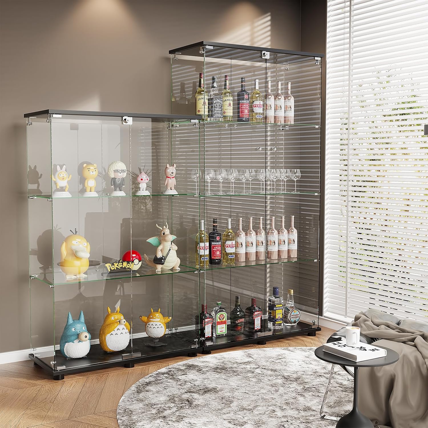 ROOMTEC Glass Display Cabinet with 4 Shelves, Double Doors, Floor Standing Display Cage, for Living Room Bedroom Office, 64 x 31.7 x 14.3 in, Black