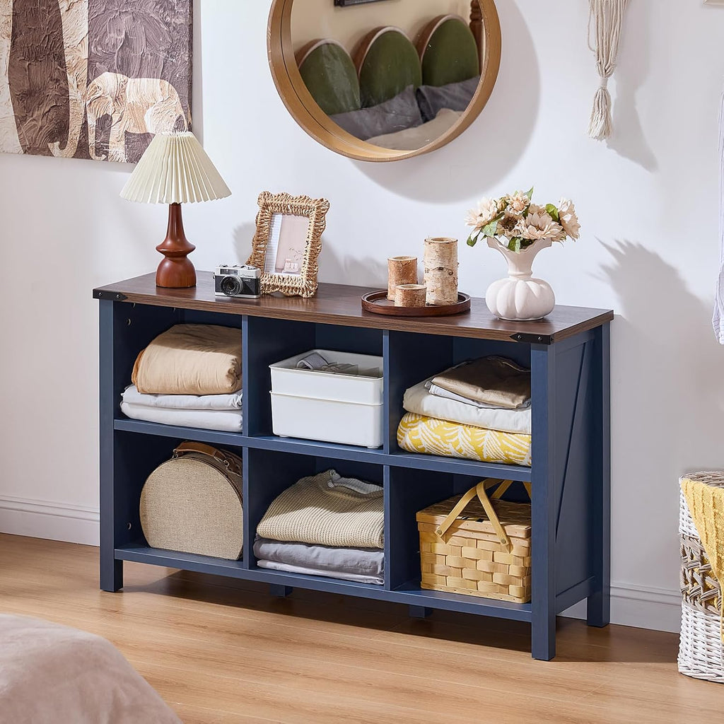 Joaxswe 6 Cube Bookcase, Farmhouse Wood Low Storage Organizer Book Shelf, 47' Horizontal Navy Blue Console Bookshelf with Legs, Hallway Book Case for Entryway, Display Cabinet for Living Room, Office
