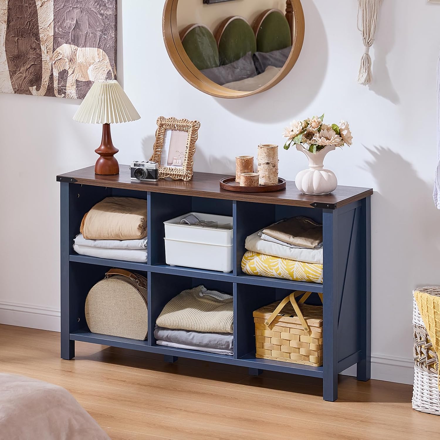 Joaxswe 6 Cube Bookcase, Farmhouse Wood Low Storage Organizer Book Shelf, 47' Horizontal Navy Blue Console Bookshelf with Legs, Hallway Book Case for Entryway, Display Cabinet for Living Room, Office