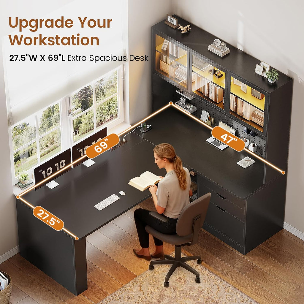 SEDETA L Shaped Computer Desk, L Shaped Corner Gaming Desk with 3 Wood Drawer and Large Bookshelf, Home Office Desk with LED Light, Display Cabinet and Pegboard, 27.5' W Large Desktop Table, Black