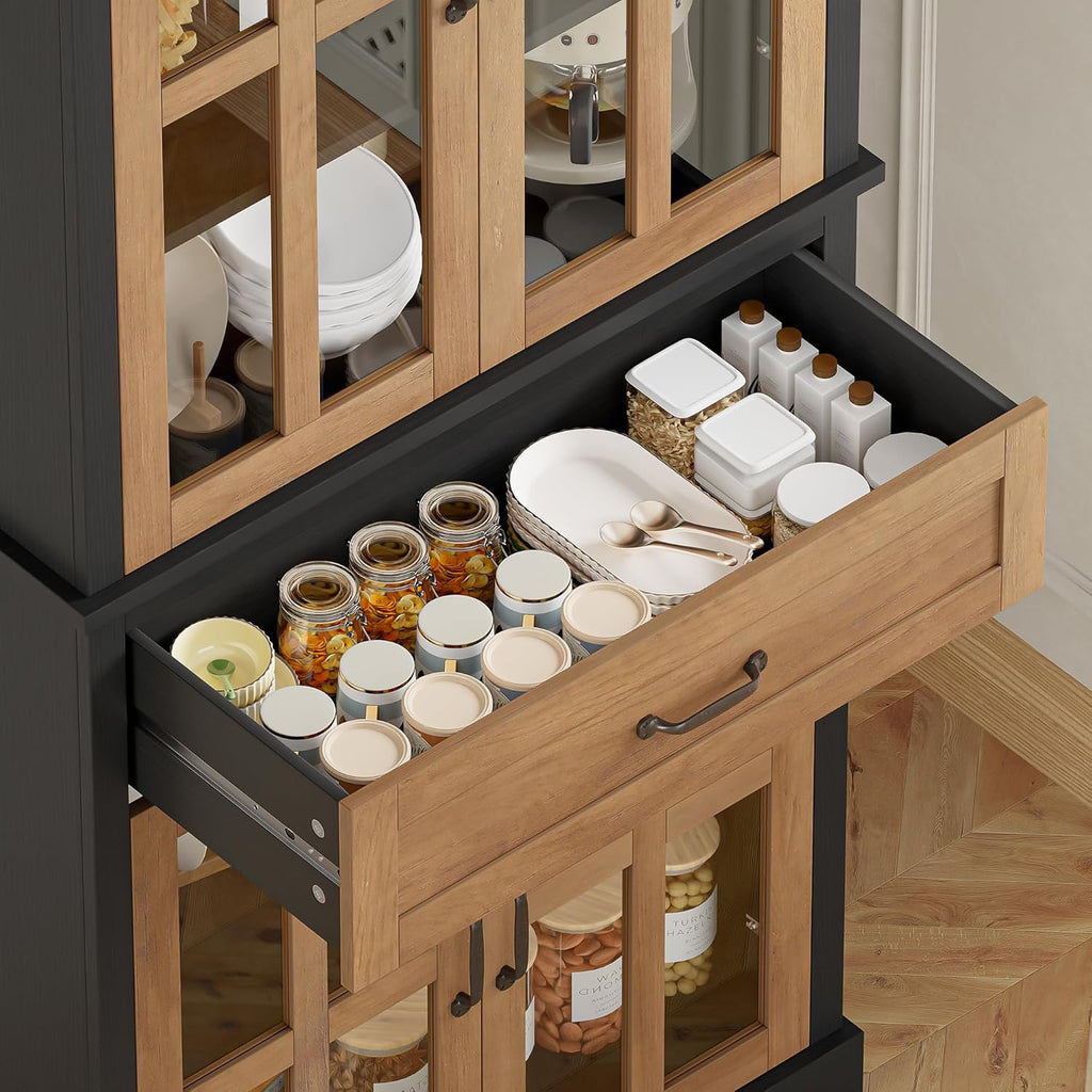 FOTOSOK 71'' Tall Kitchen Cabinet with Glass Doors and Drawer, Freestanding Food Pantry with Adjustable Shelves for Dining, Living Room, Natural
