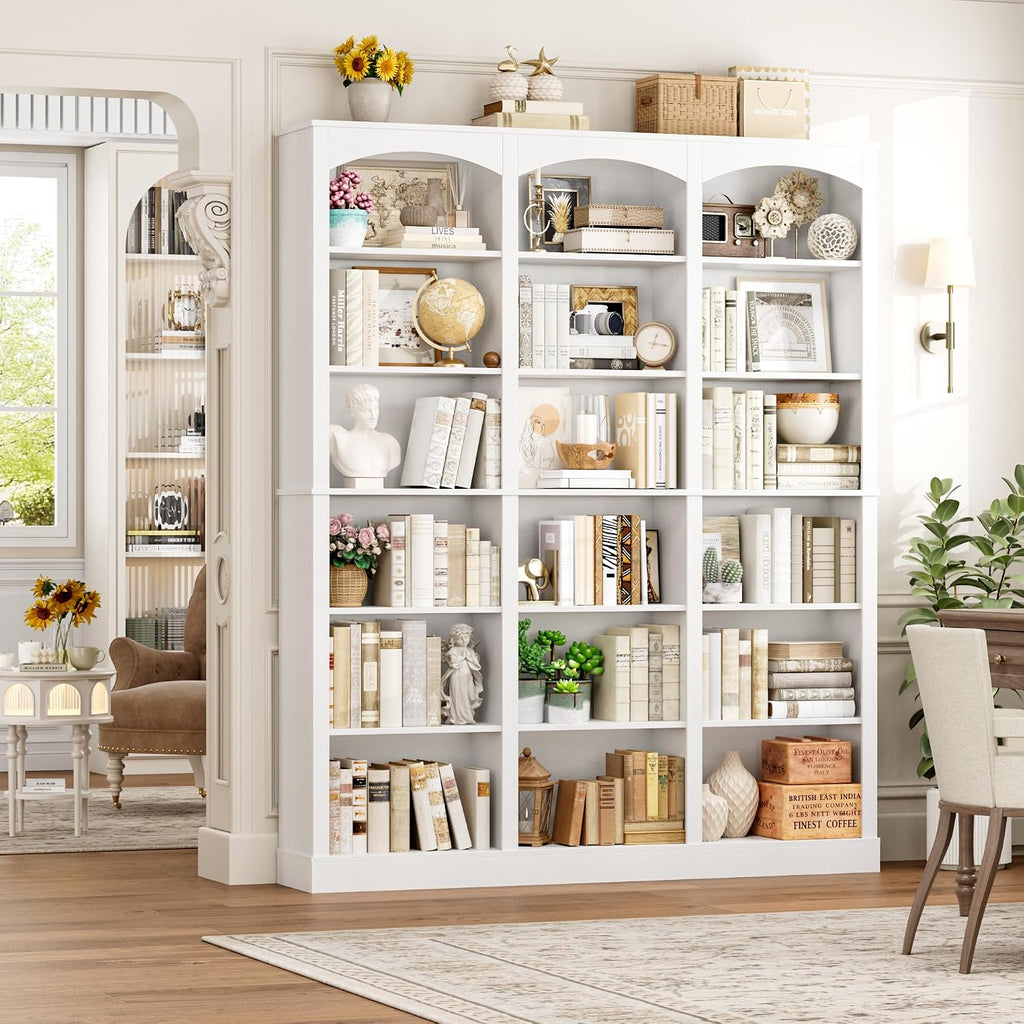FACBOTALL 71' Triple Wide Bookshelf, 6 Tier Bookcase, Large White Bookshelf with Curved Baffle, 63.4' Wide White Bookcase with 18 Open Display Shelves for Living Room, Study, White