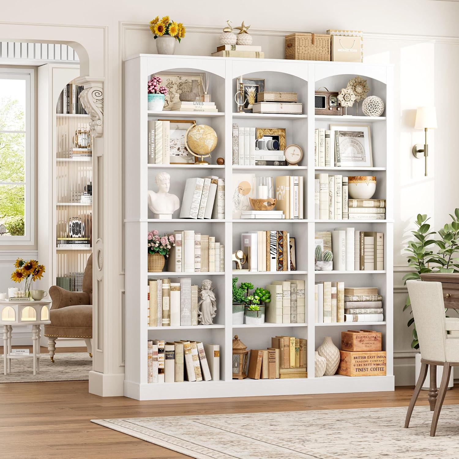 FACBOTALL 71' Triple Wide Bookshelf, 6 Tier Bookcase, Large White Bookshelf with Curved Baffle, 63.4' Wide White Bookcase with 18 Open Display Shelves for Living Room, Study, White