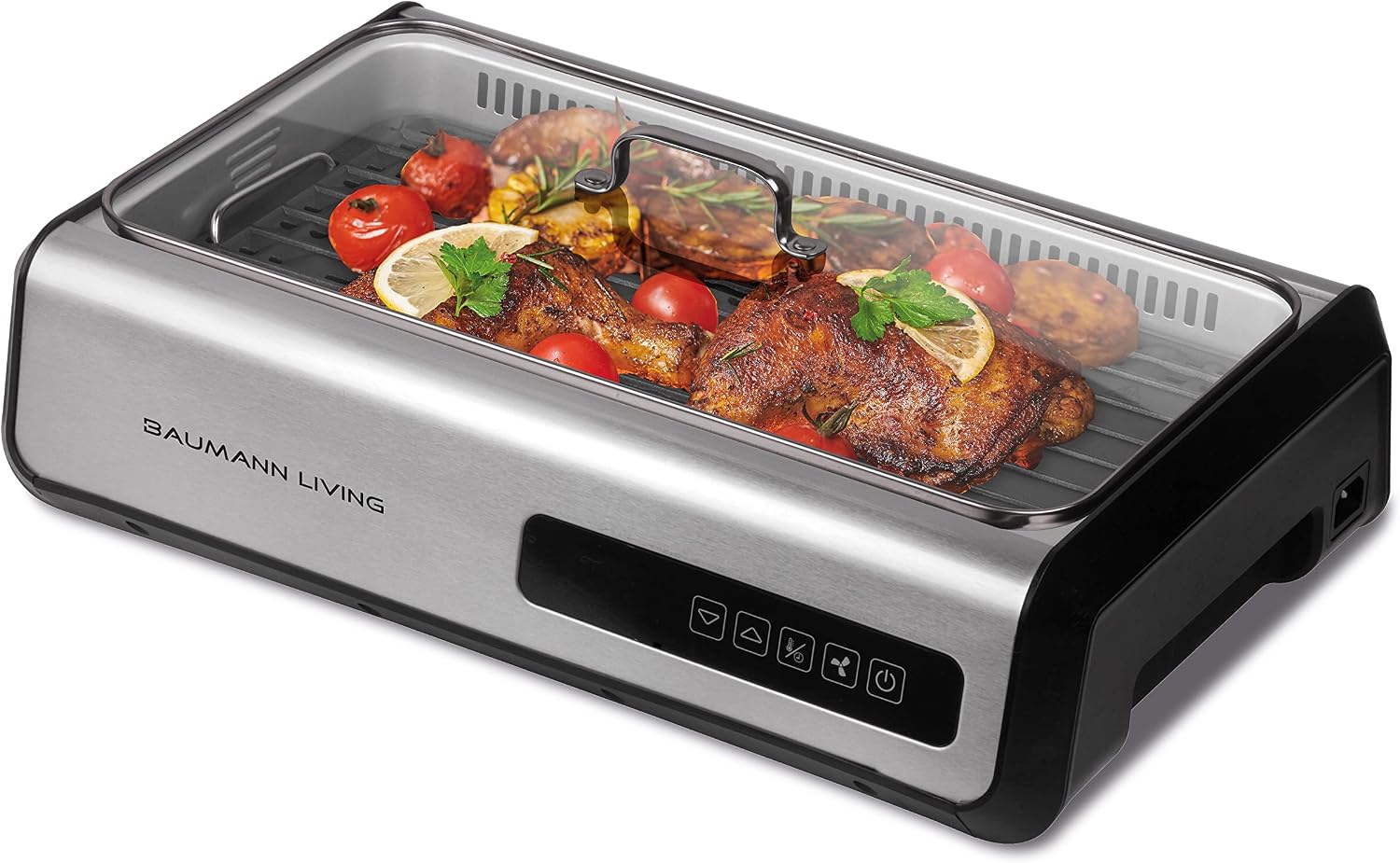Indoor Smokeless Grill 1500W with Smart LED Touch Screen, Tempered Glass Lid, 2 Removable Ceramic Nonstick Grill & Griddle Plate, in a Modern Stainless Steel Design.