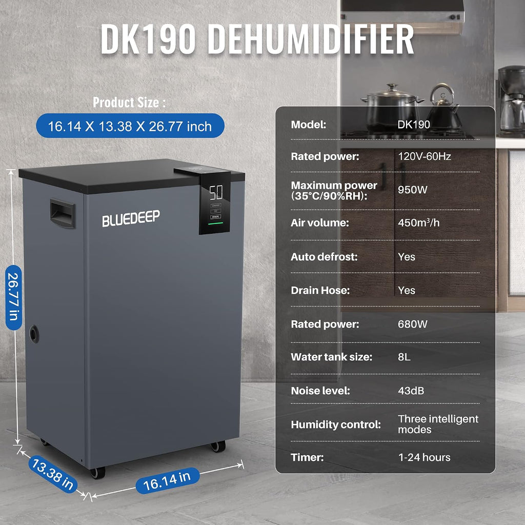 BLUEDEEP 190 Pints Commercial Dehumidifier with 6.56ft Drain Hose and 1.75 Gallon Water Reservoir, Water Damage Restoration Dehumidifier, for Basements, Industrial or Commercial Spaces and Job Sites