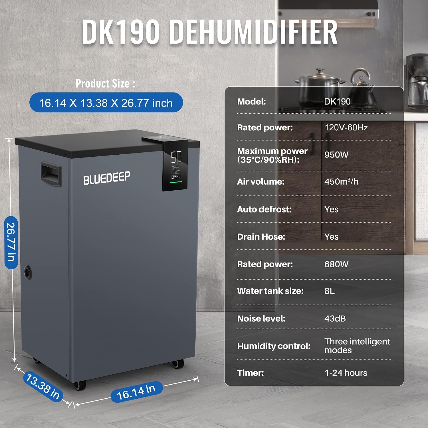 BLUEDEEP 190 Pints Commercial Dehumidifier with 6.56ft Drain Hose and 1.75 Gallon Water Reservoir, Water Damage Restoration Dehumidifier, for Basements, Industrial or Commercial Spaces and Job Sites